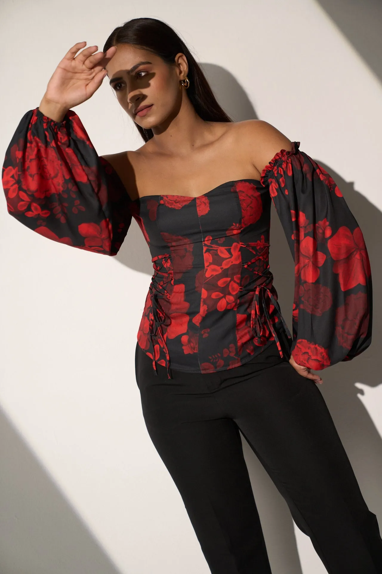 Women's Off shoulder Floral Top and Black straight pant