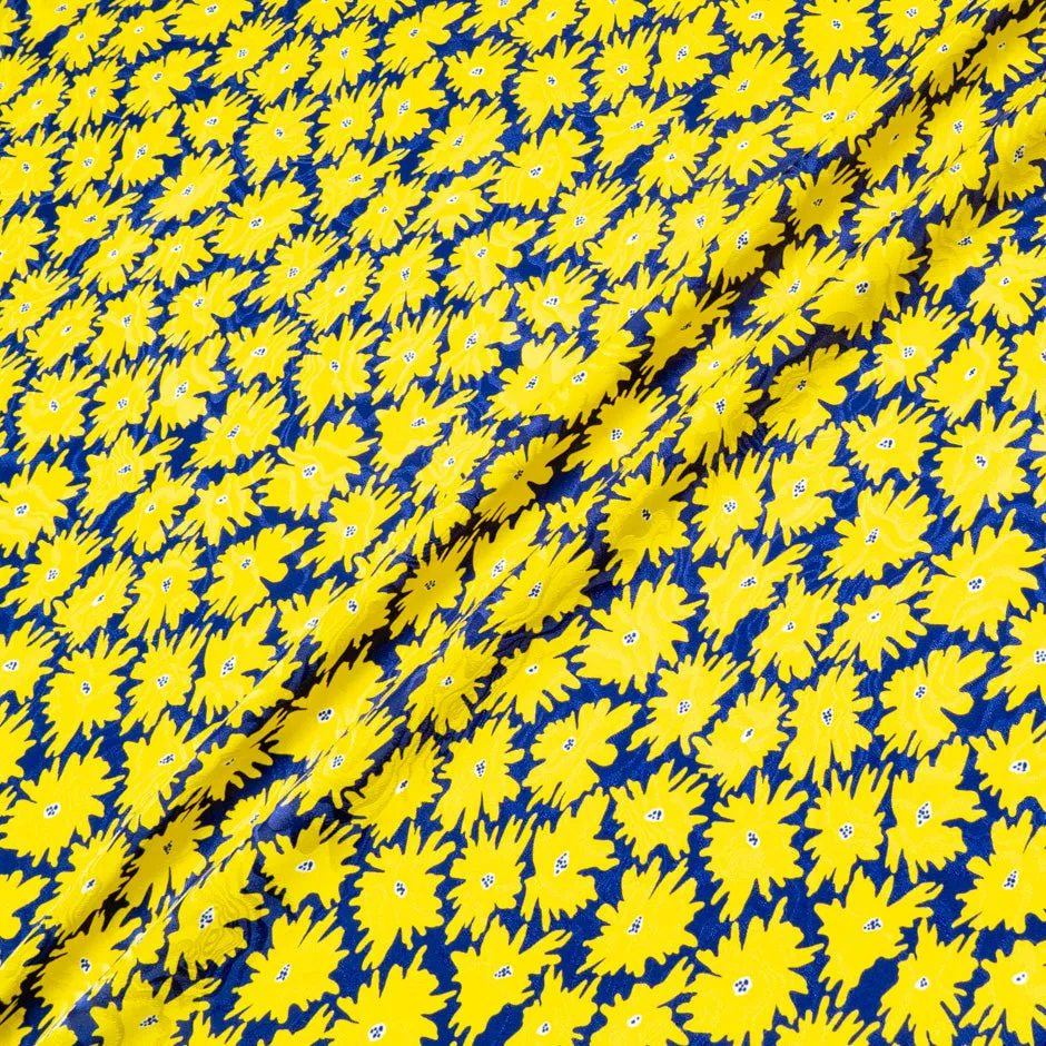 Yellow Floral Printed Blue Pure Silk Jacquard