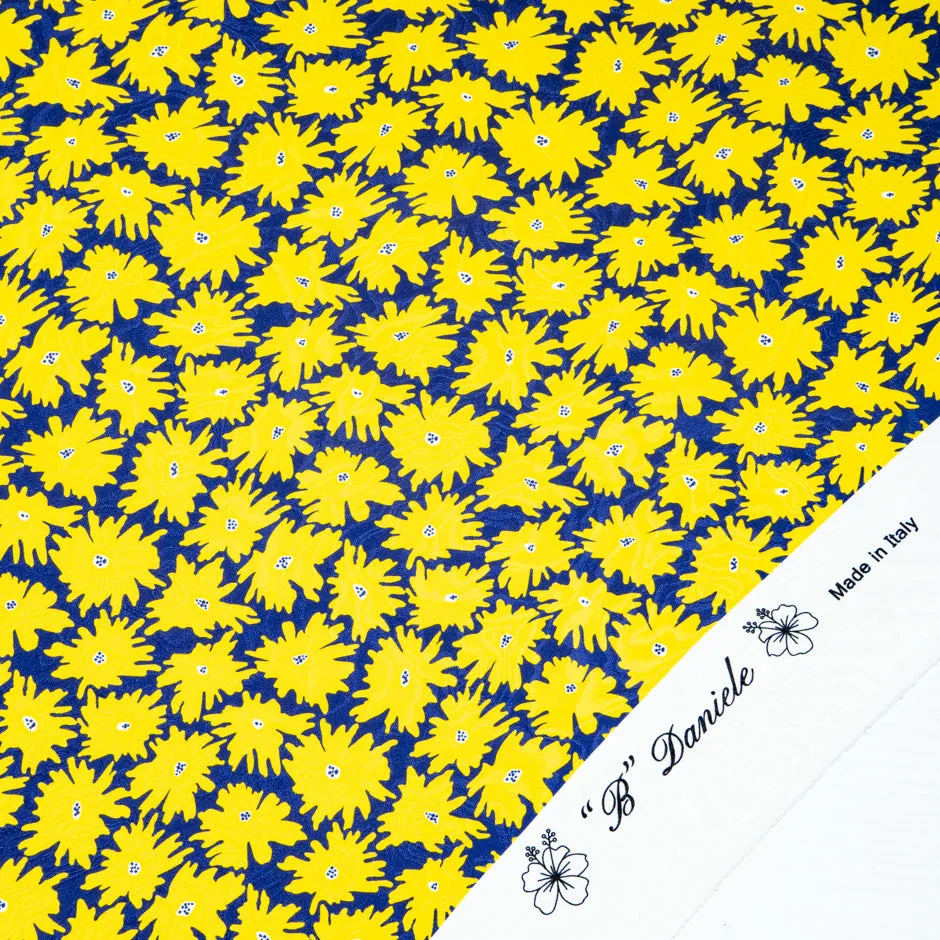 Yellow Floral Printed Blue Pure Silk Jacquard