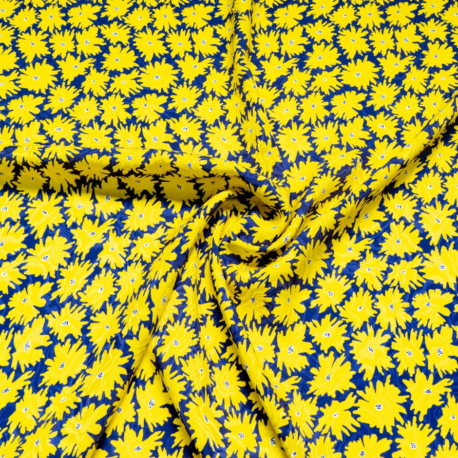 Yellow Floral Printed Blue Pure Silk Jacquard